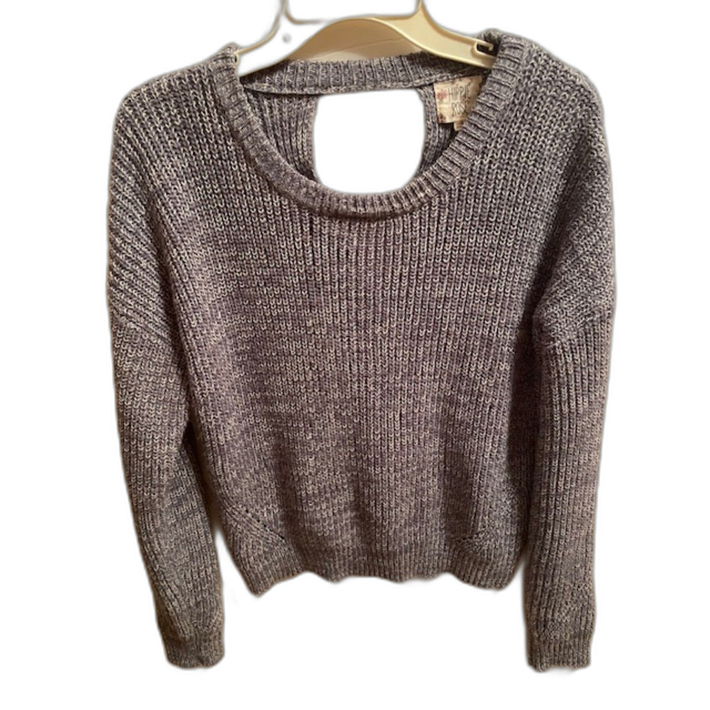Hippie Rose  Pullover Sweater Heather Blue Round Neck Twist Back Large